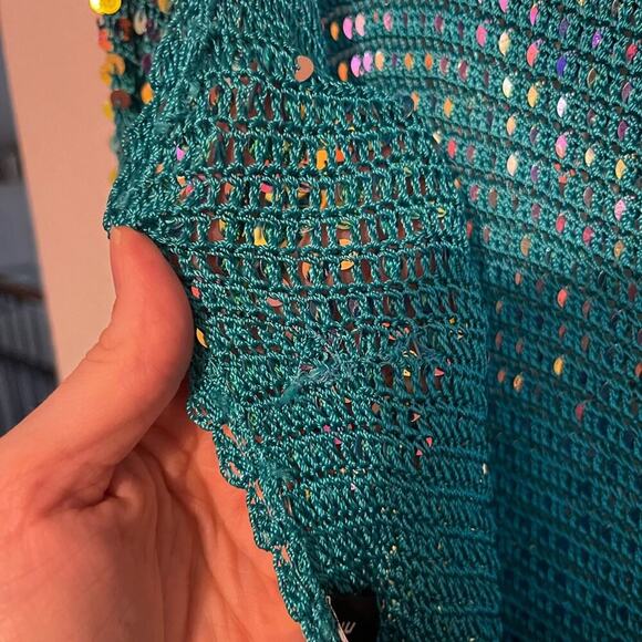 Retrofete NWT Tara Sequin Long Sleeve Crochet Mini Dress Turquoise Blue Green S - Picture 12 of 13